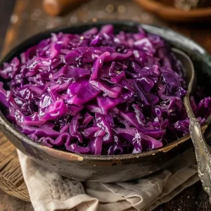 A serving of German-style red cabbage on a plate.