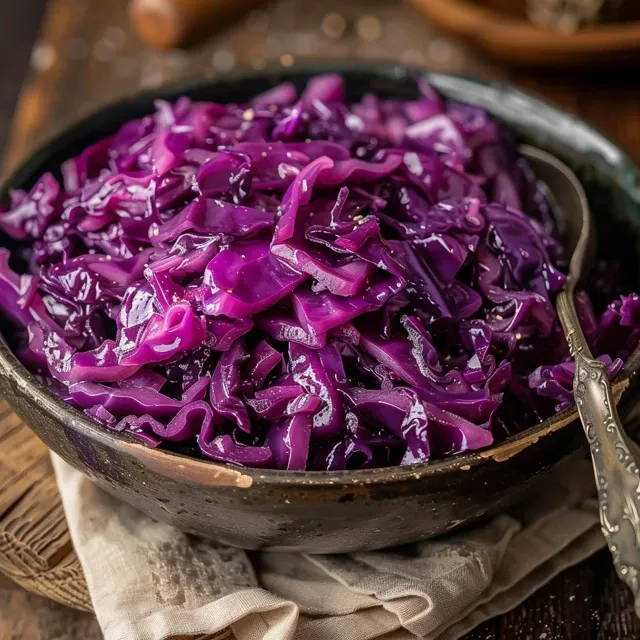 A serving of German-style red cabbage on a plate.