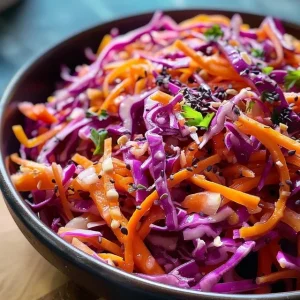 Close-up of vibrant red cabbage and shredded carrot slaw.