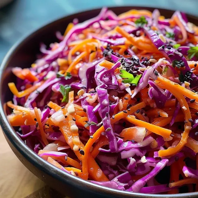 Close-up of vibrant red cabbage and shredded carrot slaw.
