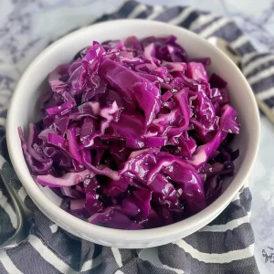 A bowl of cooked German red cabbage.