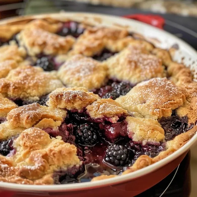Close-up of a homemade blackberry cobbler with a golden crust and juicy berries.