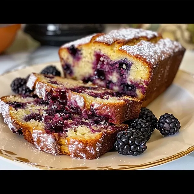Delicious blackberry loaf cake, sliced, showing moist crumb and a lemon glaze.