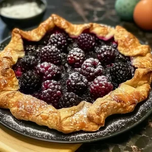 A rustic blackberry galette, sliced and dusted with powdered sugar, served on a dark plate with whipped cream.