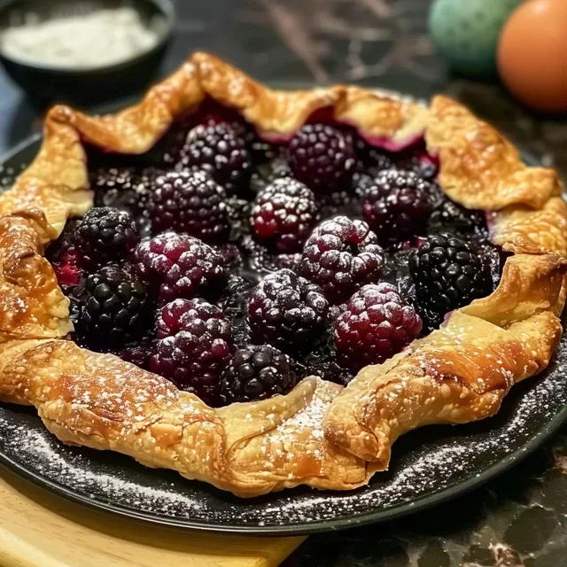 A rustic blackberry galette, sliced and dusted with powdered sugar, served on a dark plate with whipped cream.