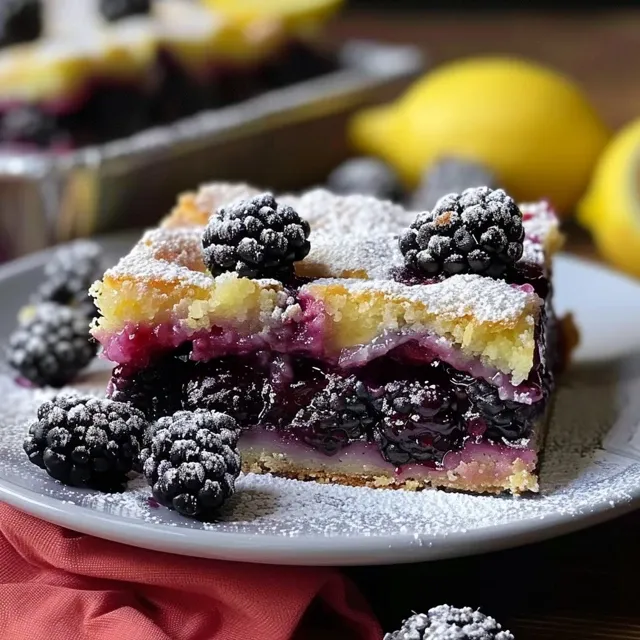 Two squares of blackberry lemon bars dusted with powdered sugar, stacked on a white plate.
