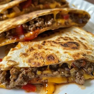 Three cheesy, meat-filled quesadillas stacked on a wooden board.