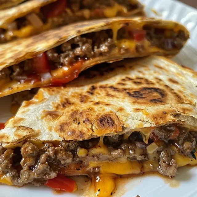 Three cheesy, meat-filled quesadillas stacked on a wooden board.