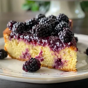 Delicious blackberry cake topped with fresh blackberries and a blackberry glaze.