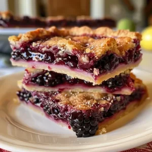 Close-up of two stacked blackberry pie bars with a crumbly topping.