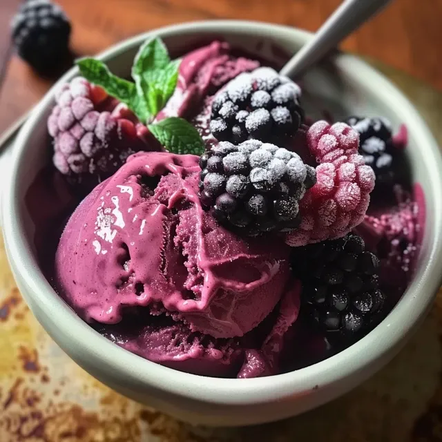 A bowl of deep purple blackberry sorbet, garnished with fresh blackberries and mint.