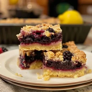 Delicious blackberry crumb bars stacked high and in a baking pan.