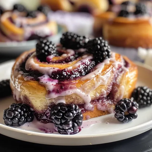 Close-up of a delicious blackberry cinnamon roll topped with icing and fresh blackberries.