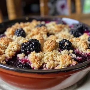 A serving of blackberry crumble with a scoop of vanilla ice cream on a decorative plate.