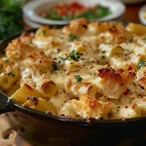 Close-up of a baked pasta dish with crab meat and cheese, in a dark skillet.