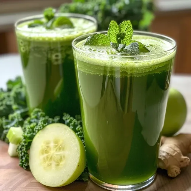 Two glasses of vibrant green juice surrounded by fresh ingredients like kale, cucumber, and lemon.