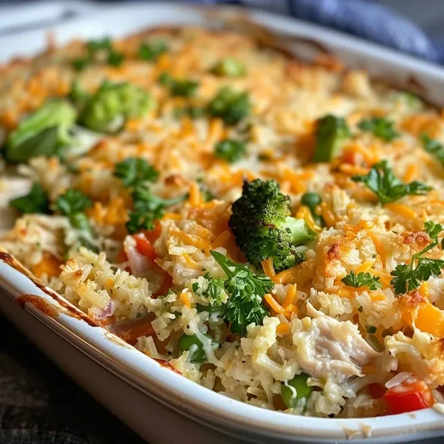 Close-up of a serving of healthy chicken and cauliflower rice casserole, topped with cheese and parsley.