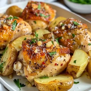Close-up of creamy garlic parmesan crockpot chicken and potatoes, showing browned potatoes and melted cheese.