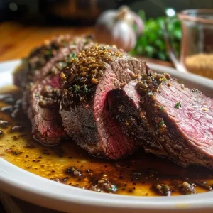 Sliced peppercorn-crusted beef tenderloin on a wooden cutting board, steaming slightly.