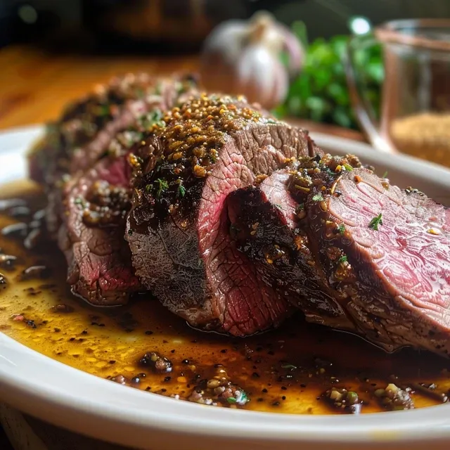 Sliced peppercorn-crusted beef tenderloin on a wooden cutting board, steaming slightly.