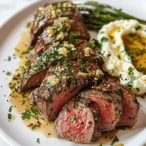 Sliced beef tenderloin with garlic butter sauce and rosemary on a white plate.