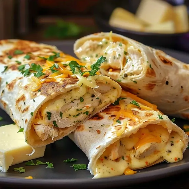Close-up of three ooey-gooey cheesy garlic chicken wraps cut open, revealing melted cheese and chicken, served with two dipping sauces.