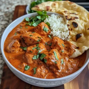 Delicious homemade butter chicken served with rice and naan bread.