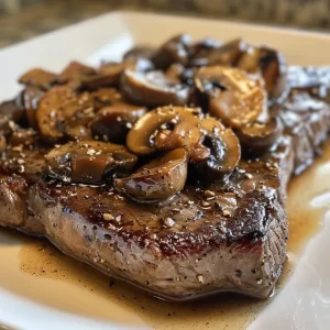 Close-up of oven-baked cube steak in a rich brown gravy with mushrooms and parsley.