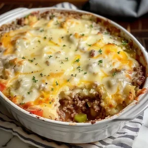 A comforting ground venison casserole, topped with melted cheese, in a white baking dish.