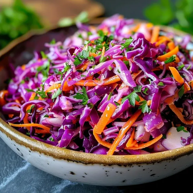 A bowl of vibrant red cabbage coleslaw, garnished with fresh cilantro.