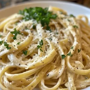 Close-up of creamy garlic pasta in a pan, with a wooden spoon.