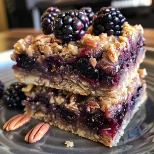 Three blackberry oatmeal bars stacked on top of each other, with fresh blackberries scattered around.
