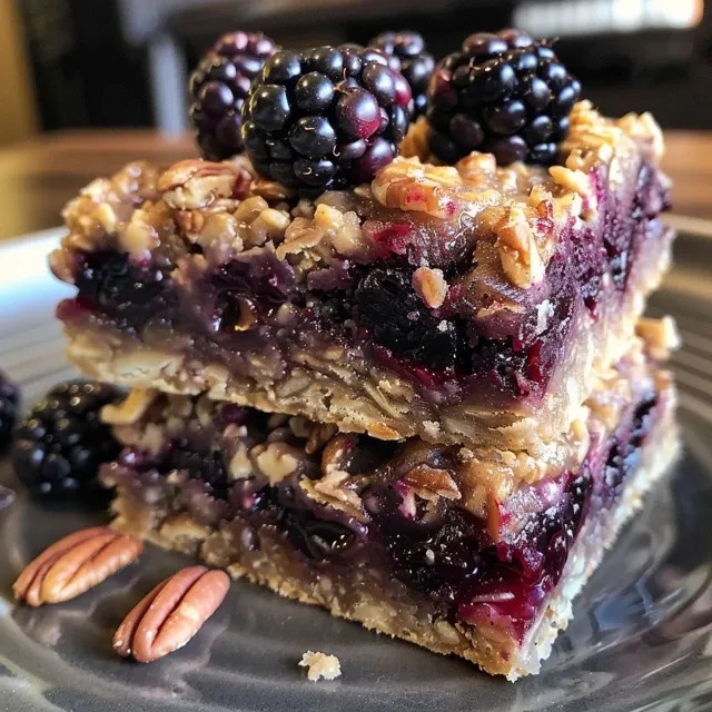 Three blackberry oatmeal bars stacked on top of each other, with fresh blackberries scattered around.