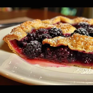 A slice of blackberry galette on a white plate.