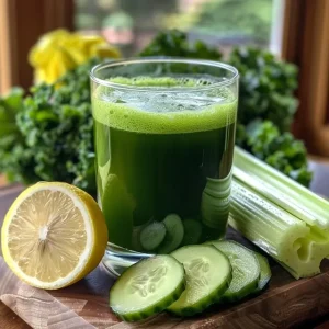 Refreshing green detox juice in a glass with celery, cucumber, apple, and lemon slices.