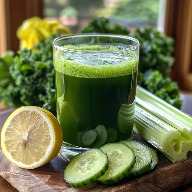 Refreshing green detox juice in a glass with celery, cucumber, apple, and lemon slices.