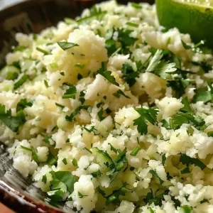 A close-up shot of cilantro lime cauliflower rice in a skillet, with a wooden spoon scooping some out.