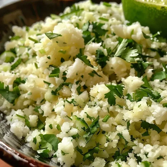 A close-up shot of cilantro lime cauliflower rice in a skillet, with a wooden spoon scooping some out.