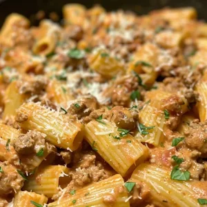 Close-up of Creamy Italian Sausage Rigatoni pasta dish.