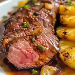 Slices of perfectly cooked beef tenderloin served atop a bed of roasted carrots and other vegetables.