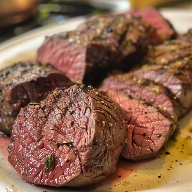 Slices of roasted beef tenderloin with a creamy sauce.