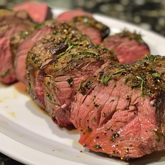 Close-up of sliced grilled beef tenderloin, glistening with a rich brown glaze, garnished with rosemary.