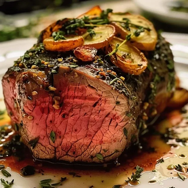 Close-up of a delicious herb-crusted beef tenderloin served with roasted vegetables.
