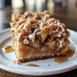 A slice of apple crumb cake with a cinnamon apple drizzle on a dark plate.
