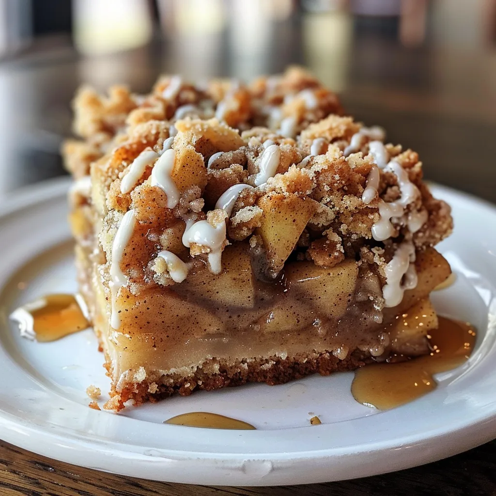 A slice of apple crumb cake with a cinnamon apple drizzle on a dark plate.