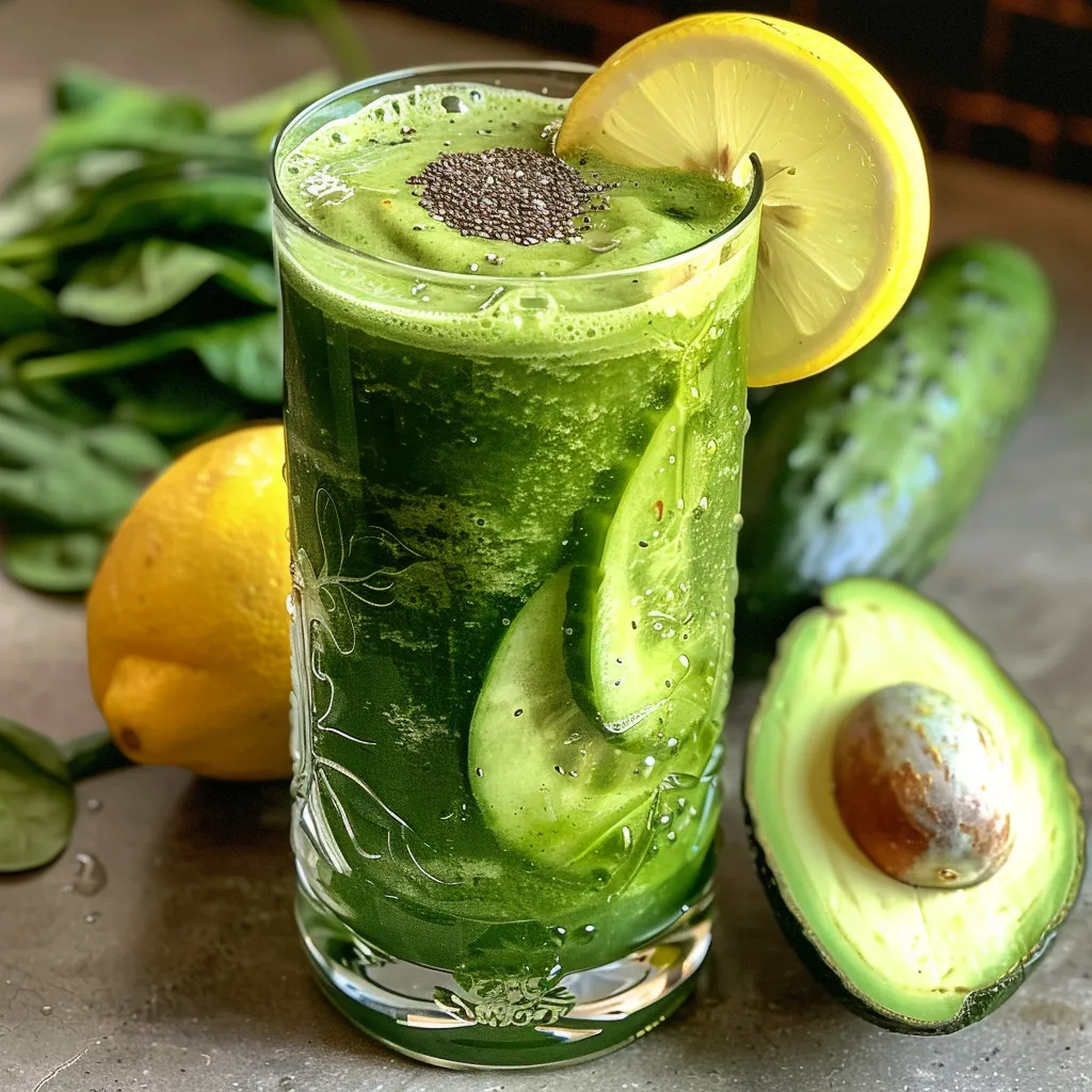Three refreshing glasses of vibrant green avocado-cucumber juice.