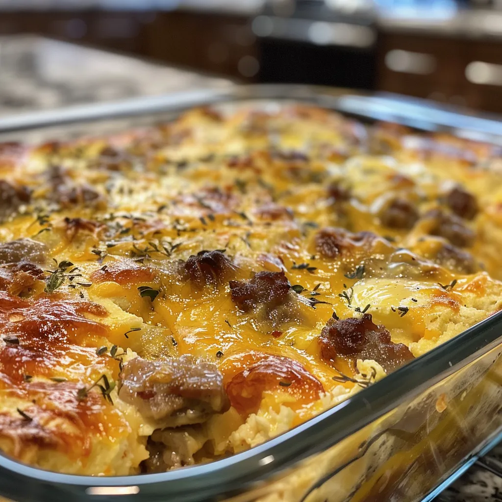 A slice of cheesy sausage breakfast casserole on a plate.
