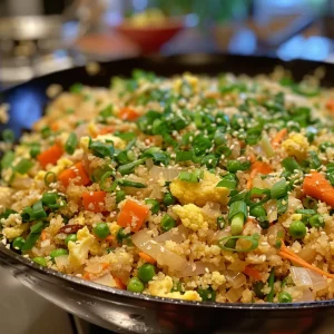 A close-up shot of a skillet filled with cauliflower fried rice, featuring peas, carrots, and scrambled eggs. A wooden spoon stirs the dish.