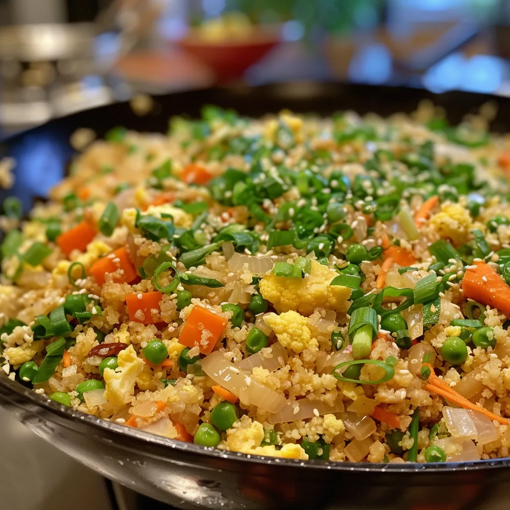A close-up shot of a skillet filled with cauliflower fried rice, featuring peas, carrots, and scrambled eggs. A wooden spoon stirs the dish.