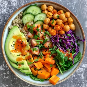 A vibrant overhead shot of a plant-based meal featuring several bowls of chickpea and avocado dishes, salads, and roasted sweet potatoes.